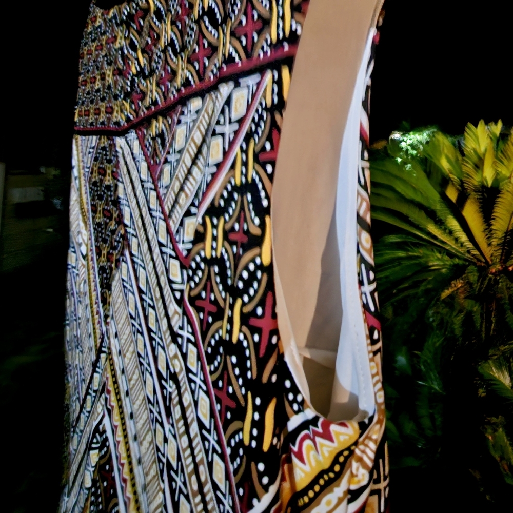 Dress sleeveless halter CATO 44" long LG crimson & gold geometric print dress.